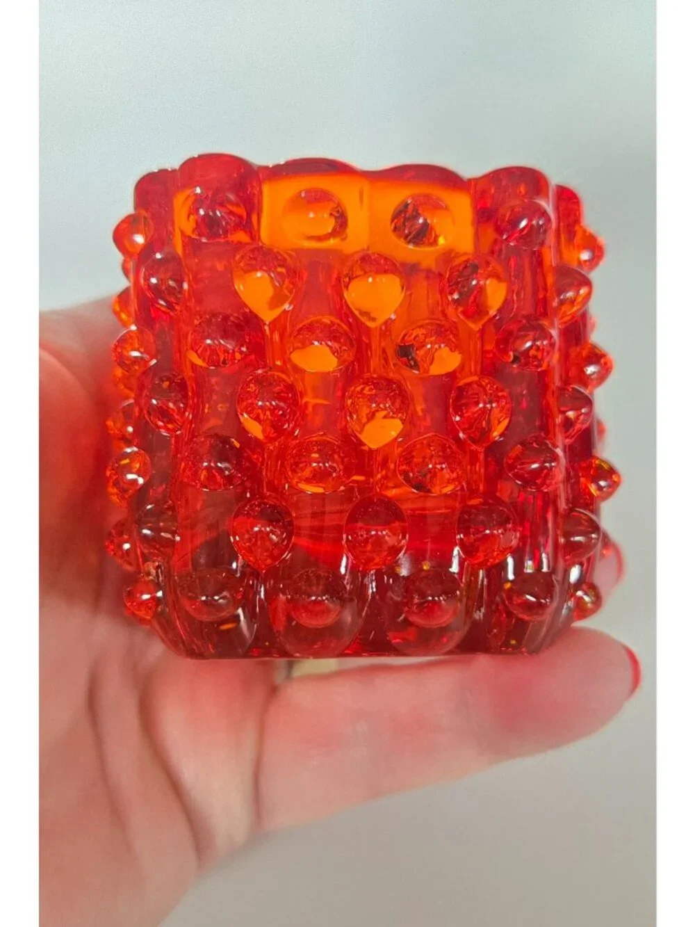 Mid-Century Fenton Glass Red, Amberina Glass Hobnail Candle Holder 2.5